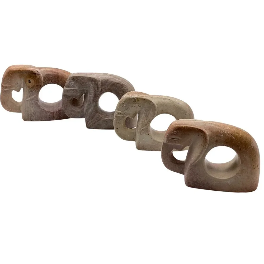 Kenyan Soapstone hand carved Elephant napkin rings set of four tableware dinnerw